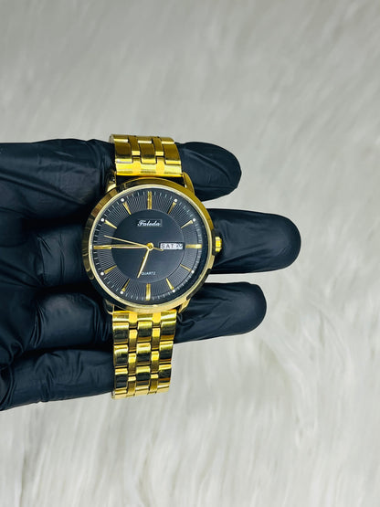 Faleda Quartz Gold Watch – Black Dial | Timeless Luxury